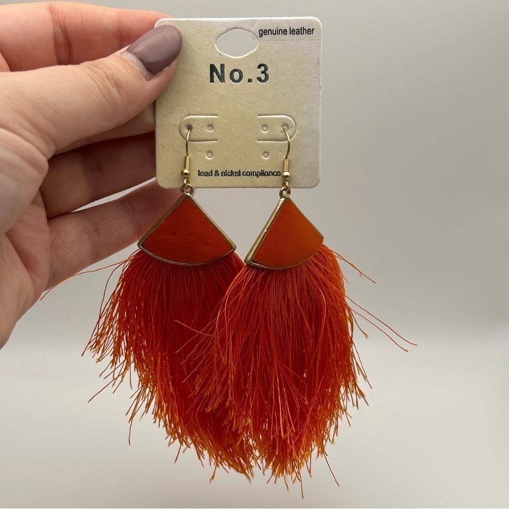 No. 3 Orange Genuine Leather Dangle Large Tassel Earrings Gold Tone Hook